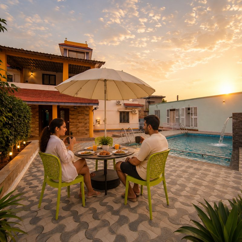 A couple dining poolside at The Morning Glory at sunset